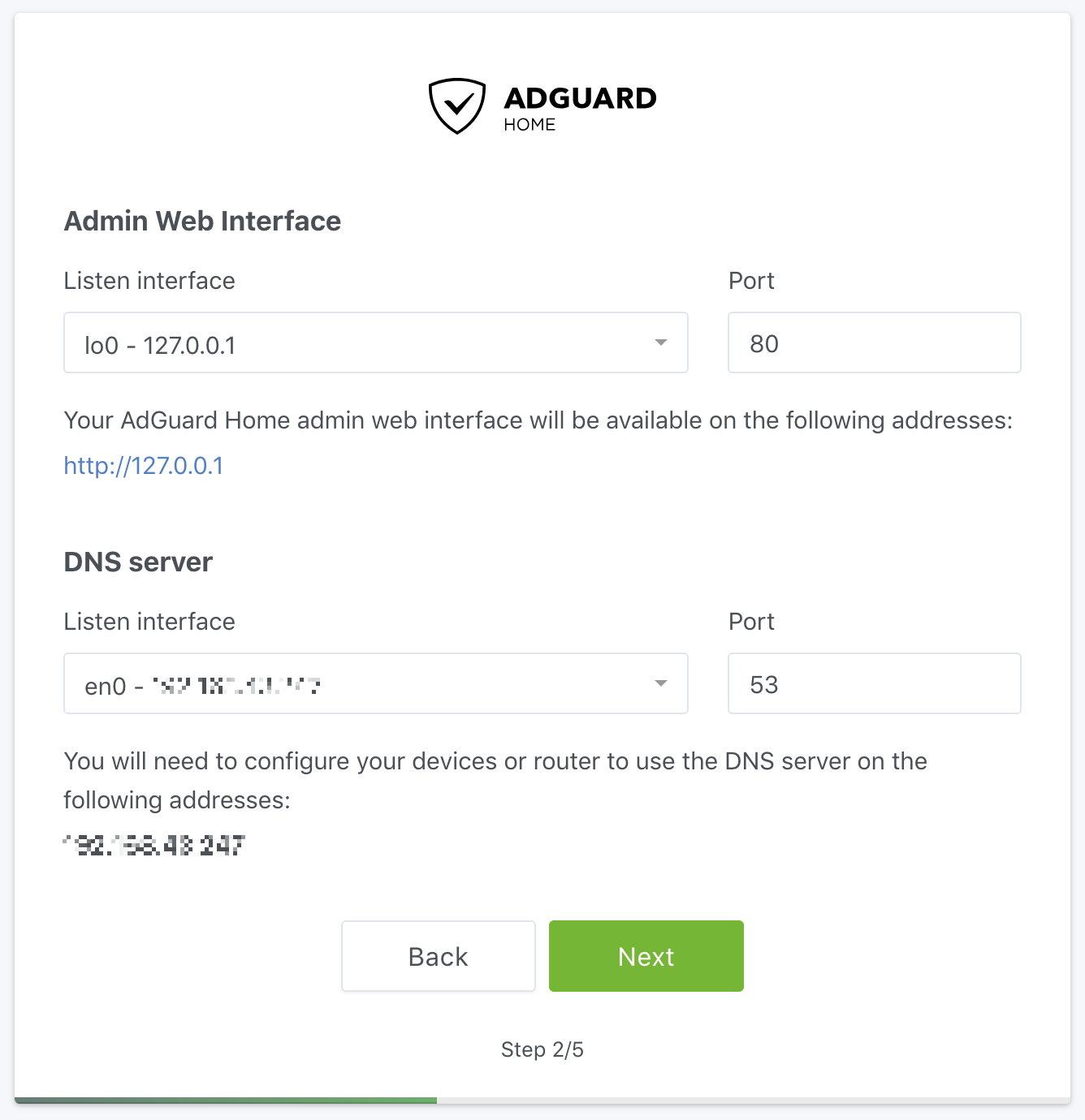 AdGuard Home setup wizard showing listen interface and DNS server configuration