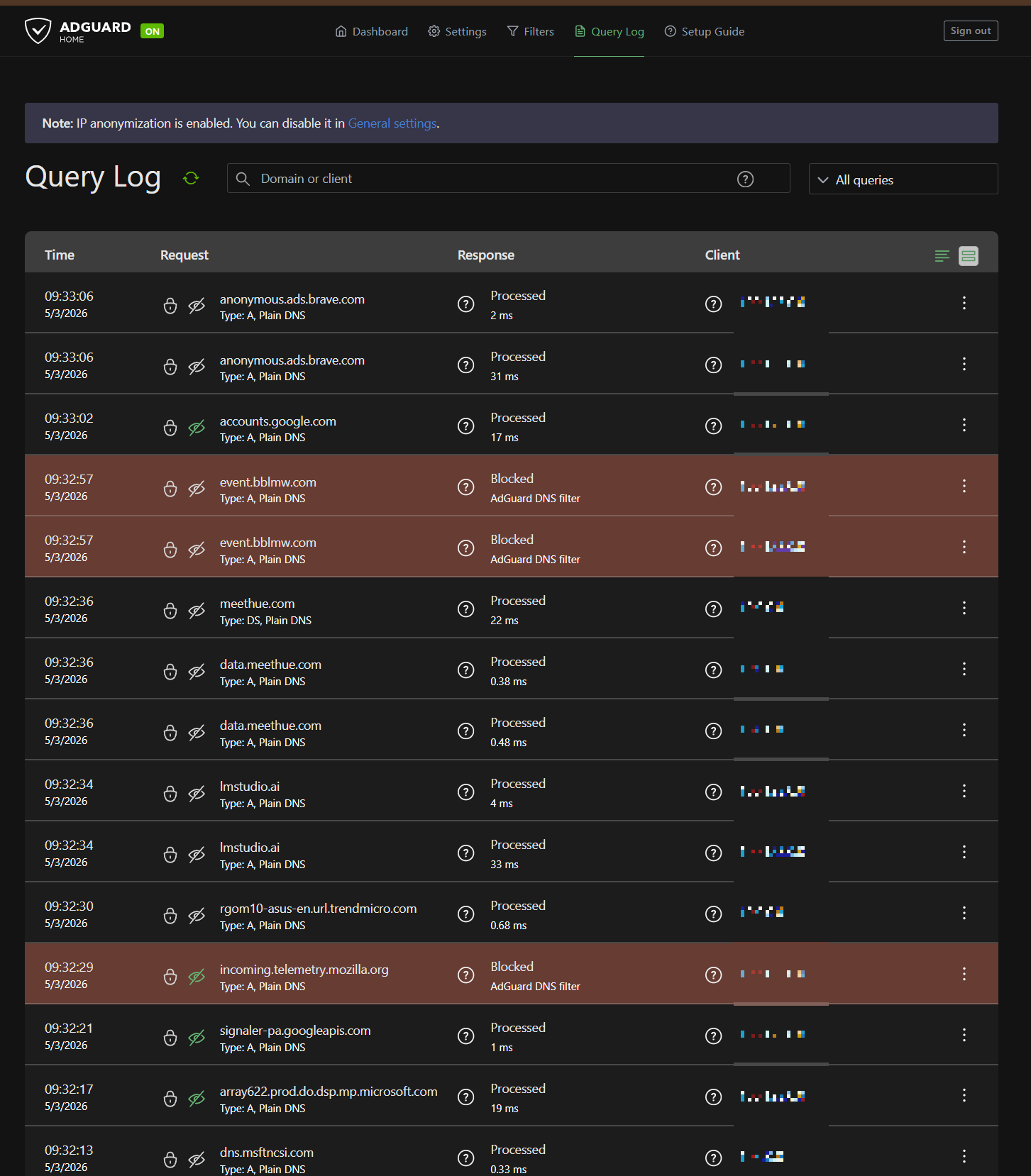 AdGuard Home query log showing blocked tracker domains alongside processed requests
